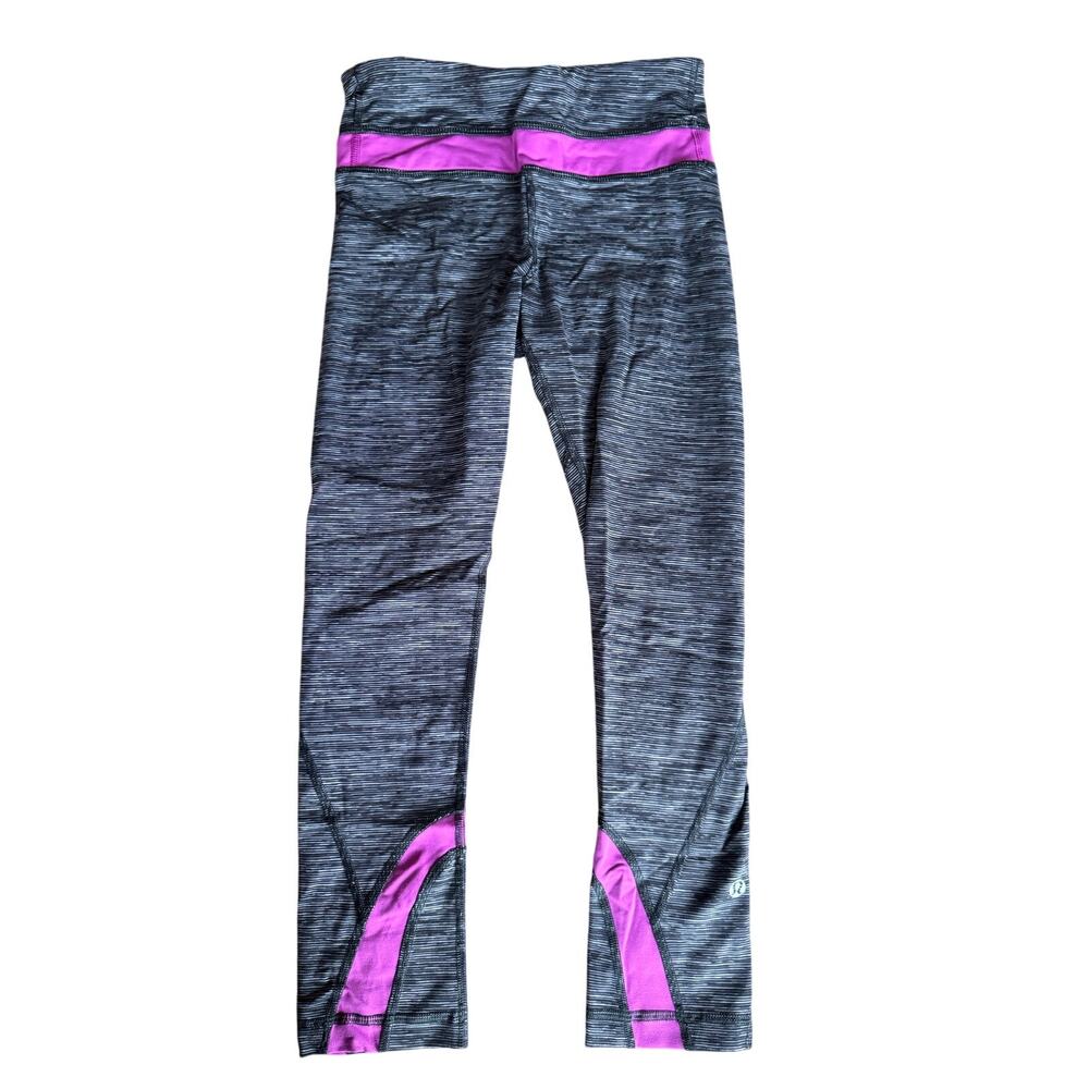 Lululemon Leggings Womens Size 2 Black Gray Stripe Purple Trim Yoga Running Pant